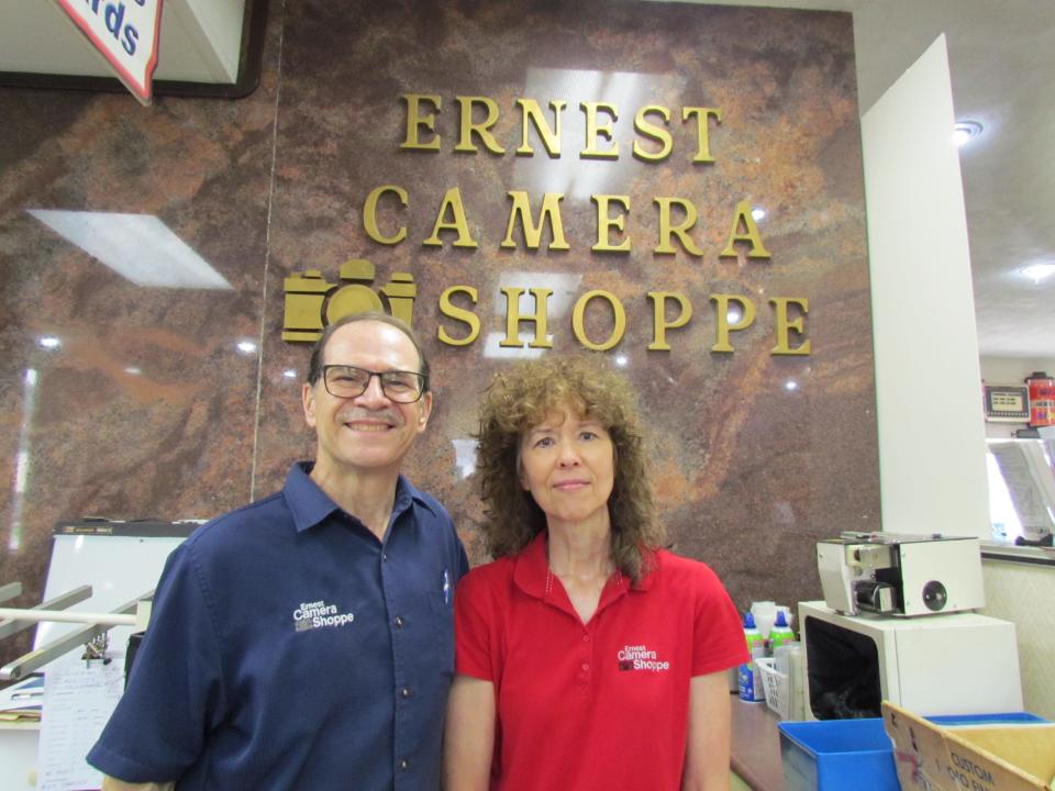 Terry and Rita Ernest at Ernest Camera Shoppe on Sept. 7, 2023.