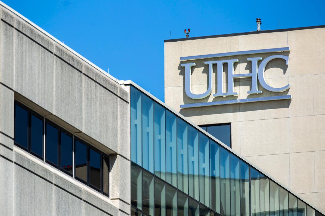 A UIHC logo is seen on the Pappajohn Pavilion, Friday, April 10, 2020, at the University of Iowa Hospitals and Clinics (UIHC) in Iowa City, Iowa.