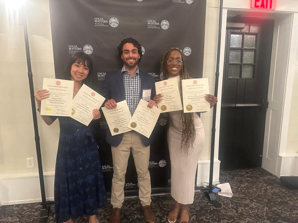Savannah Morning News reporters (from left) Nancy Guan, Drew Favakeh and Laura Nwogu celebrate their honors from the Georgia Press Association, June 9, at the Jekyll Island Club.