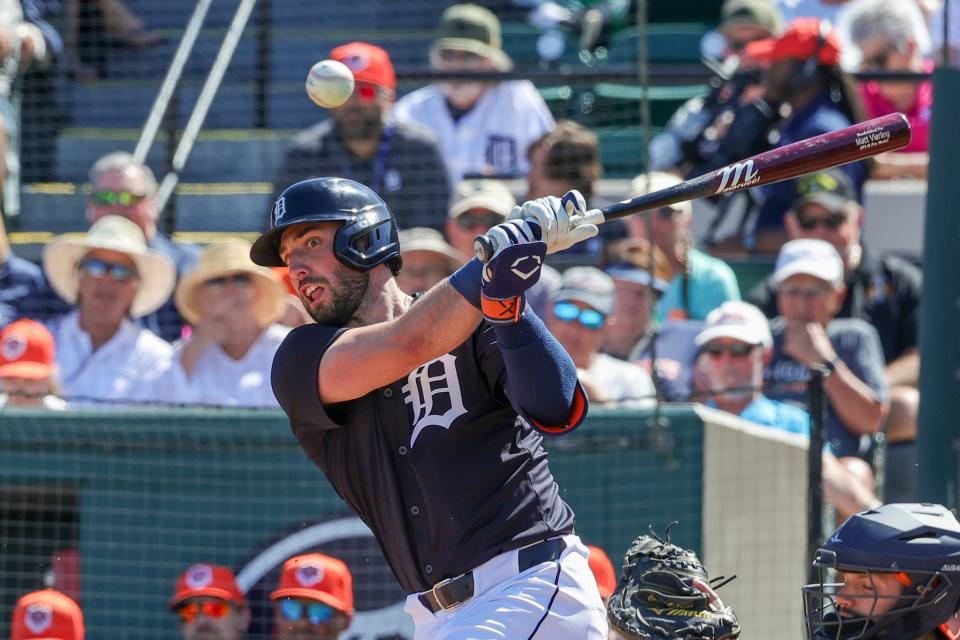 Detroit Tigers right fielder Matt Vierling bats during the second inning against the Houston Astros at Publix Field at Joker Marchant Stadium on Monday, Feb. 26, 2024, in Lakeland, Florida.
