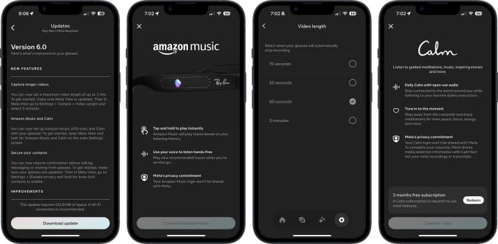 Screenshots of the V6 update for the Ray-Ban Meta smart glasses.