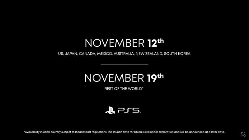 PS5公開首發及全球發售日期，但下方的小字寫著「中國上市日期未定」。（圖／索尼提供）