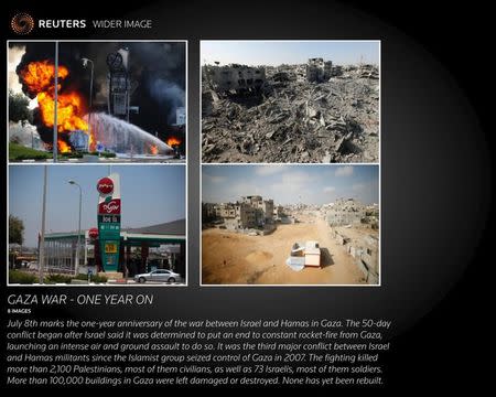 A series of eight combination pictures that show sites during the conflict, in Israel and Gaza, and how they look now, a year on. REUTERS/Staff