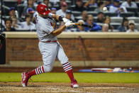 St. Louis Cardinals' Albert Pujols hits a single against the New York Mets during the fourth inning of a baseball game Wednesday, May 18, 2022, in New York. (AP Photo/Frank Franklin II)