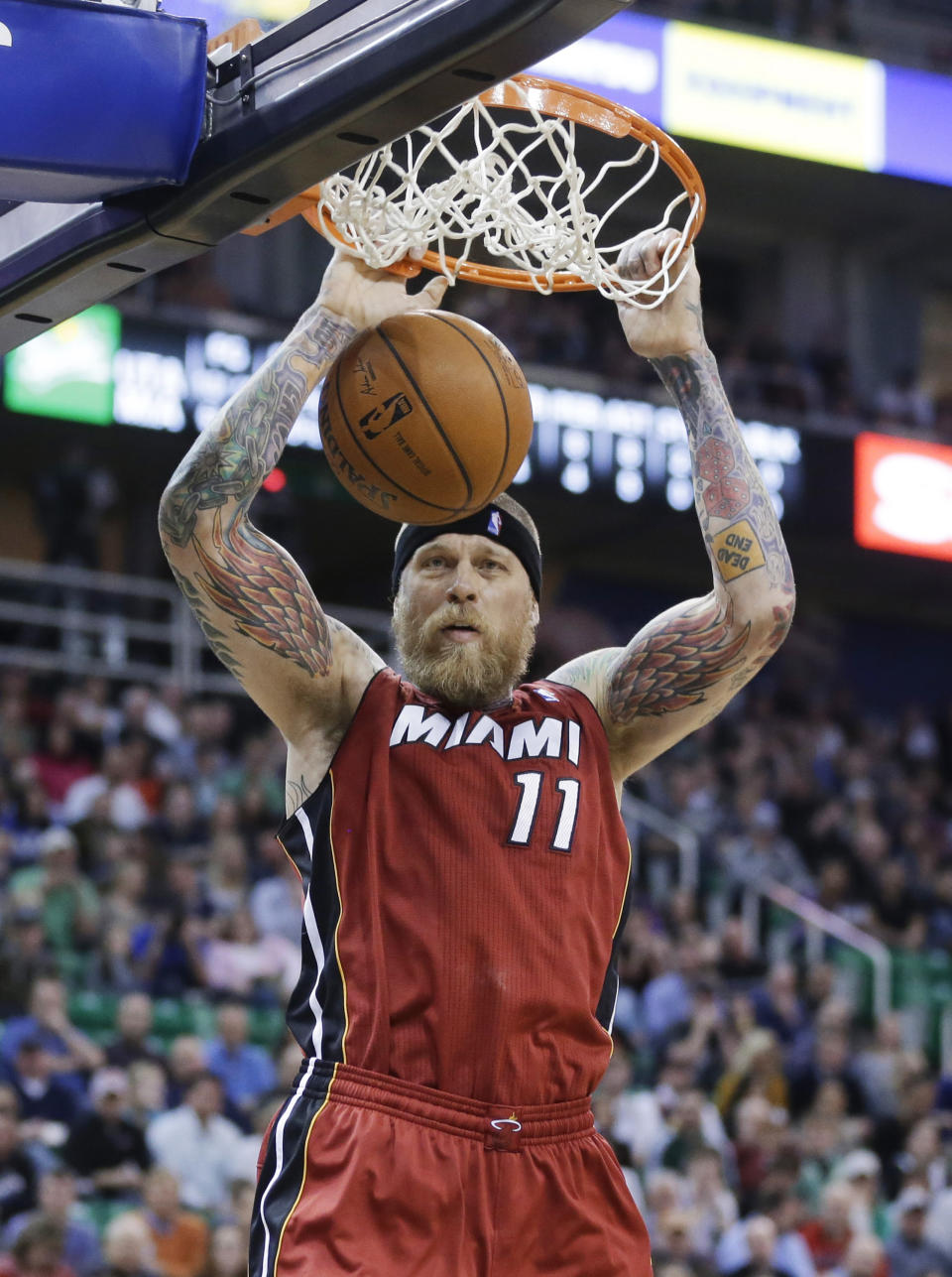 Miami Heat's Chris Andersen dunks against the Utah Jazz in the first quarter of an NBA basketball game Saturday, Feb. 8, 2014, in Salt Lake City. (AP Photo/Rick Bowmer)