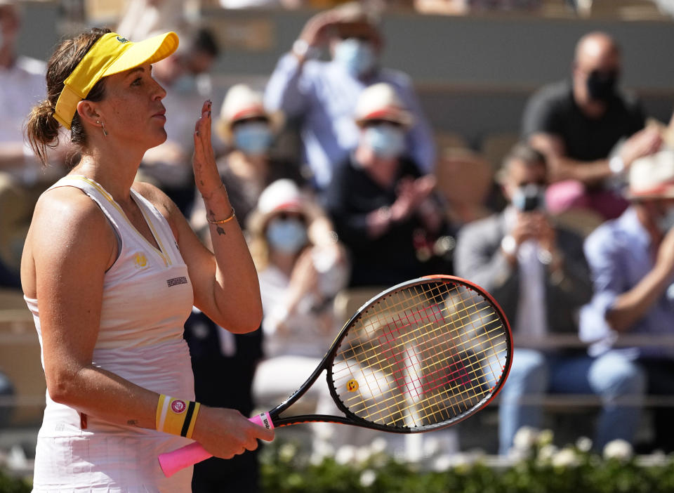 Russia's Anastasia Pavlyuchenkova throws a kiss to the audience after defeating Slovenia's Tamara Zidansek in their semifinal match of the French Open tennis tournament at the Roland Garros stadium Thursday, June 10, 2021 in Paris. (AP Photo/Michel Euler)