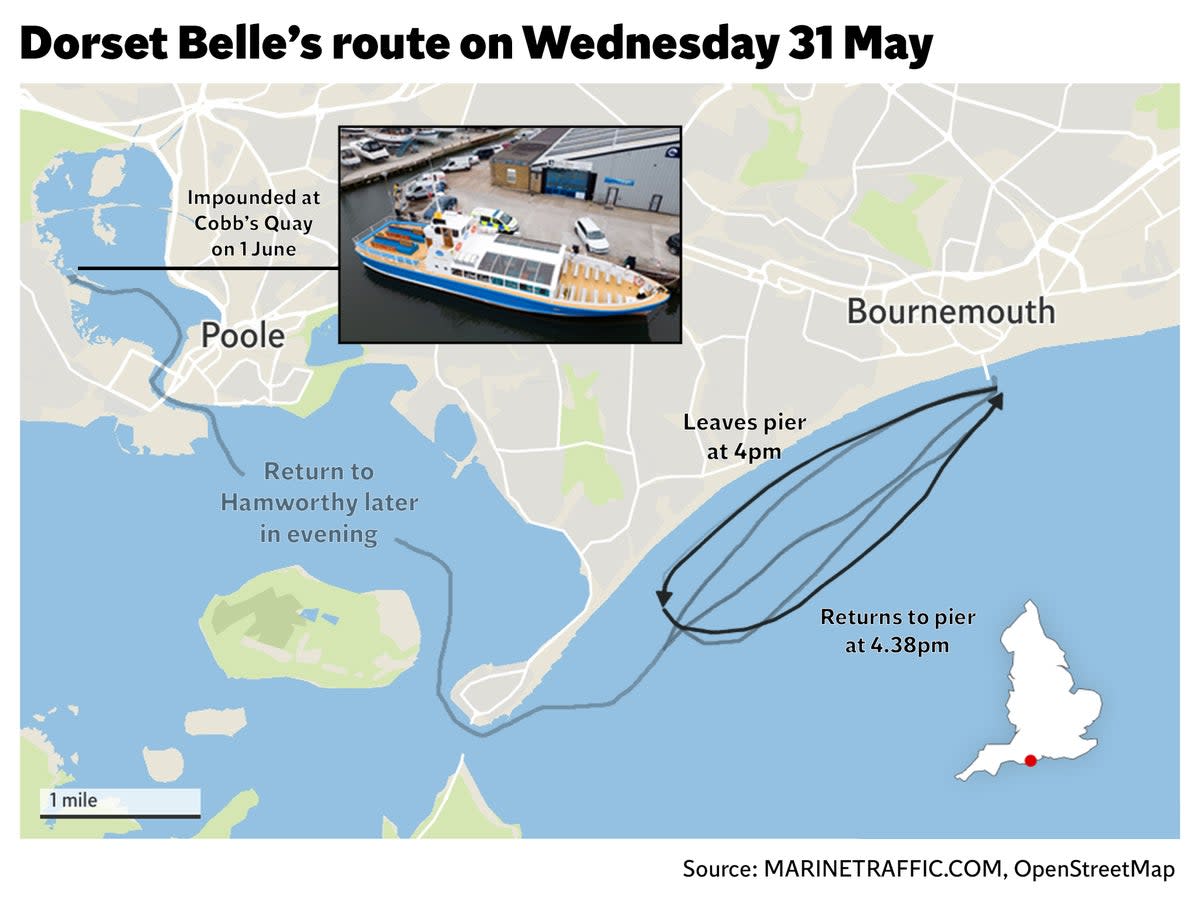 Map shows journey of passenger boat at the time of the incident at Bournemouth beach (The Independent/Datawrapper)