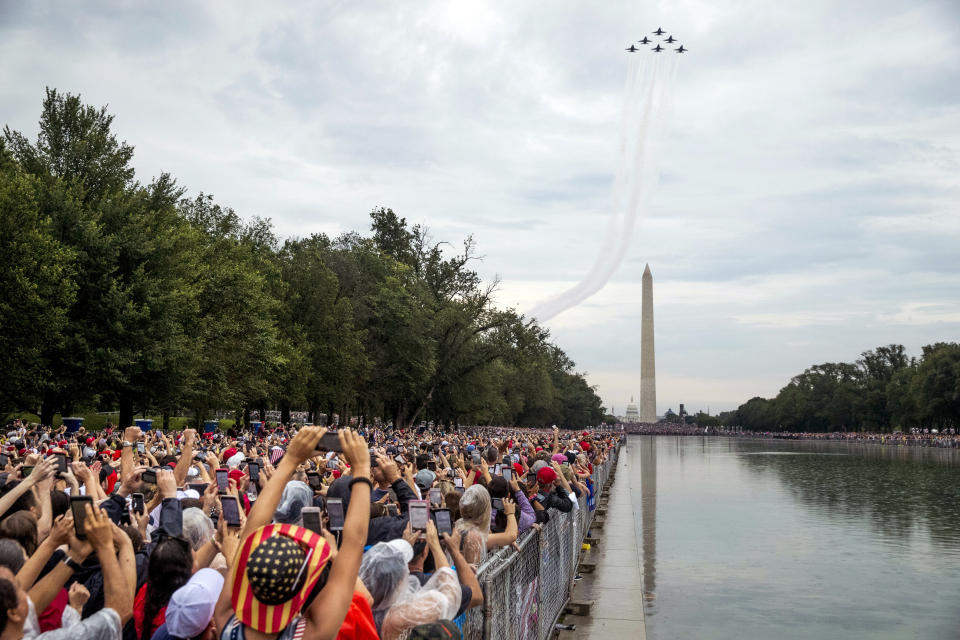 The Washington Monument is visible as the US Navy Blue Angels flyover at the conclusion of President Donald Trump's Independence Day celebration in front of the Lincoln Memorial, Thursday, July 4, 2019, in Washington. (AP Photo/Andrew Harnik)