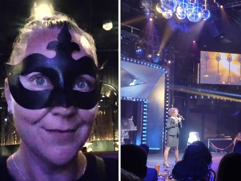 Side by side images of a woman wearing a mask and another woman on stage speaking to a crowd.