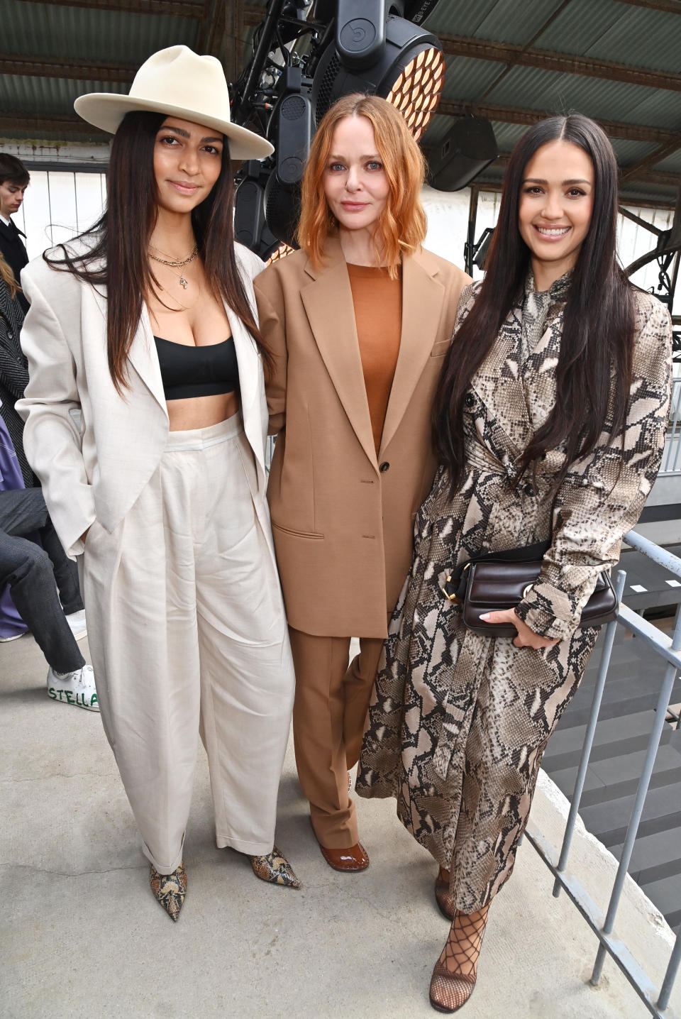 PARIS, FRANCE - MARCH 06: (L to R) Camila Alves McConaughey, Stella McCartney and Jessica Alba pose backstage at the Stella McCartney Womenswear Fall Winter 2023-2024 show as part of Paris Fashion Week at Manège de l'Ecole Militaire on March 6, 2023 in Paris, France. (Photo by Dave Benett/Getty Images)