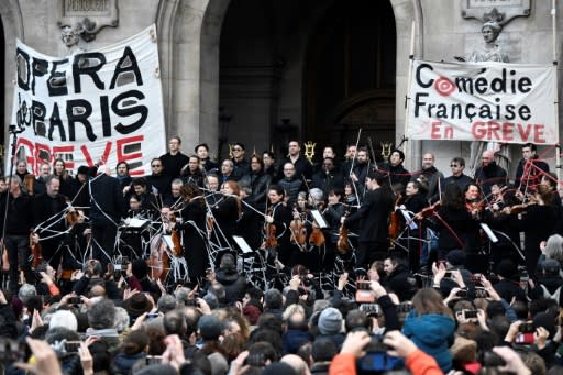 Musicians perform at the Paris Opera in support of the strike against President Emmanuel Macron's pension reforms