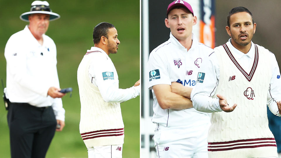 Usman Khawaja, pictured here furious after Queensland's Sheffield Shield cricket clash with NSW ended in a draw. 