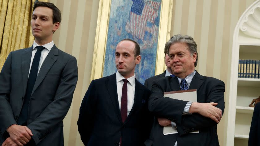 Jared Kushner, from left, Stephen Miller and Stephen Bannon in the Oval Office last month.