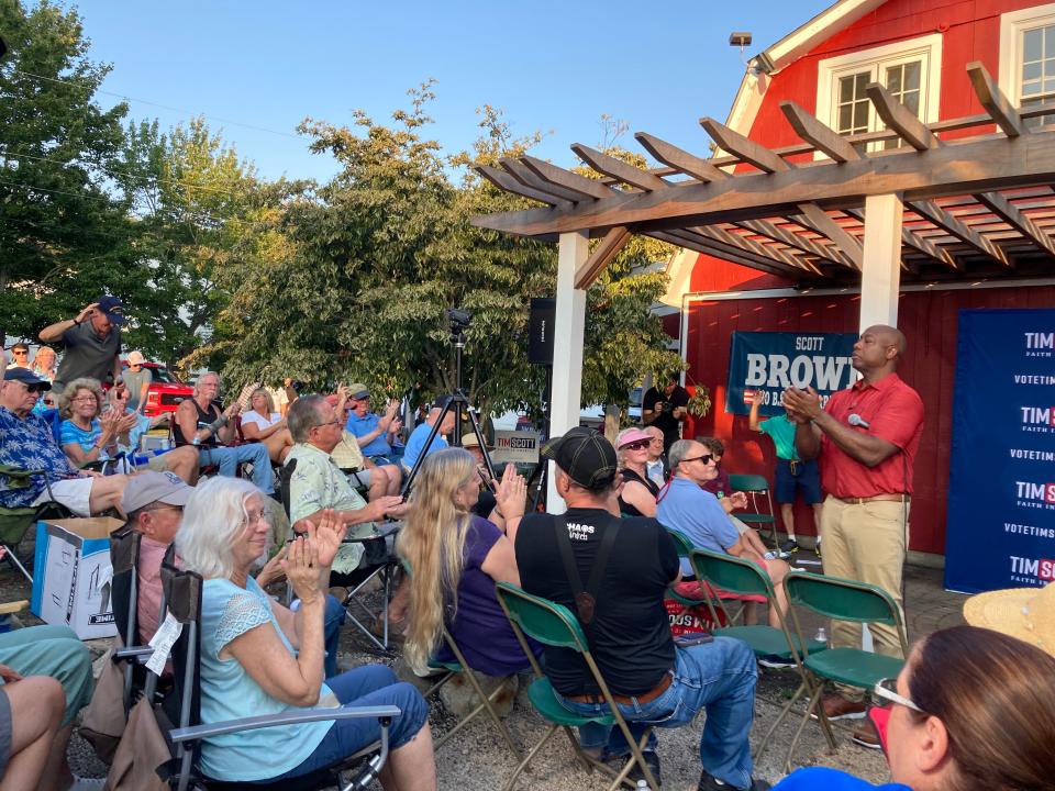 South Carolina Republican U.S. Senator Tim Scott, a 2024 GOP presidential candidate, made a campaign stop in Rye on Thursday, Sept. 7, 2023 hosted by former U.S. Senator Scott Brown and his wife, Gail Huff Brown.