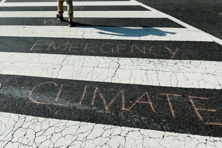 Climate protesters write chalk messages at a blocked intersection in Washington