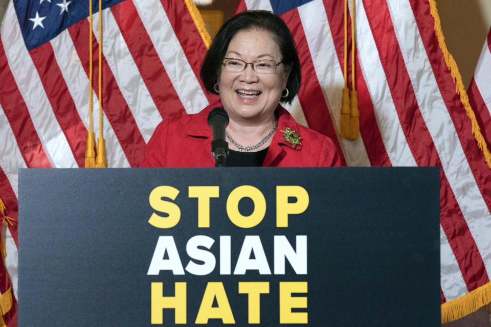 Sen. Mazie Hirono, D-Hawaii, speaks during a news conference on Capitol Hill, in Washington, Tuesday, April 13, 2021. (AP Photo/Jose Luis Magana)