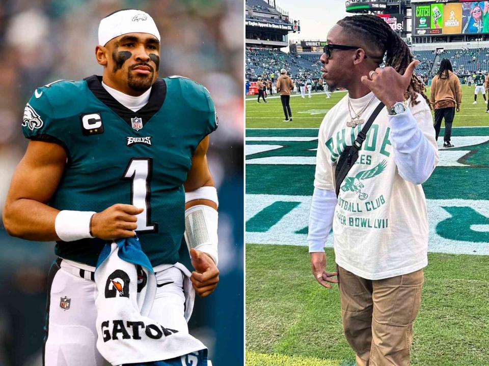 <p>Kevin Sabitus/Getty ; Averion Hurts Jr. Instagram</p> Jalen Hurts prior to the NFC Championship NFL football game against the San Francisco 49ers in January 2023 in Philadelphia, Pennsylvania. ; Averion Hurts Jr.