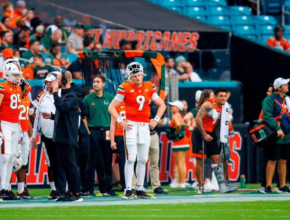 Miami Hurricanes quarterback Tyler Van Dyke (9) looks from the sideline after throwing an interception during the first quarter of an NCAA non conference game against Middle Tennessee State Blue Raiders at Hard Rock Stadium on Saturday, September 24, 2022 in Miami Gardens, Florida.