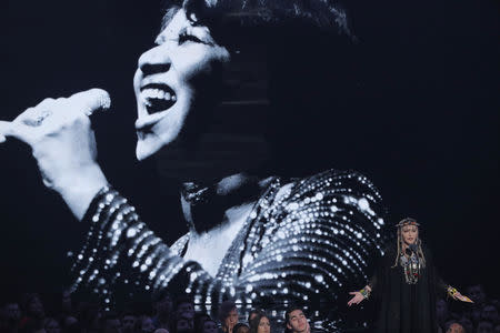 2018 MTV Video Music Awards - Show - Radio City Music Hall, New York, U.S., August 20, 2018 - Madonna speaks during a tribute to the late singer Aretha Franklin. REUTERS/Lucas Jackson