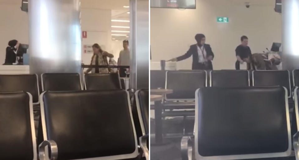 A Jetstar crew member ushers a family of four running late for a flight to Bali from Sydney onto the plane.