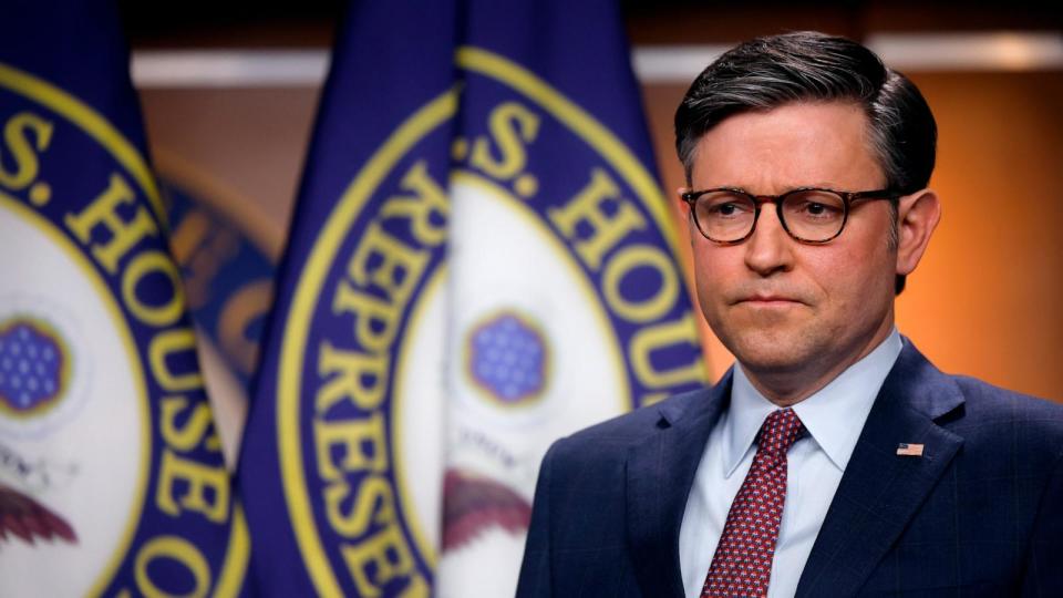 PHOTO: Speaker of the House Mike Johnson (R-LA) holds a news conference following a caucus meeting at the U.S. Capitol Visitors Center on Jan. 30, 2024 in Washington, DC.  (Chip Somodevilla/Getty Images)