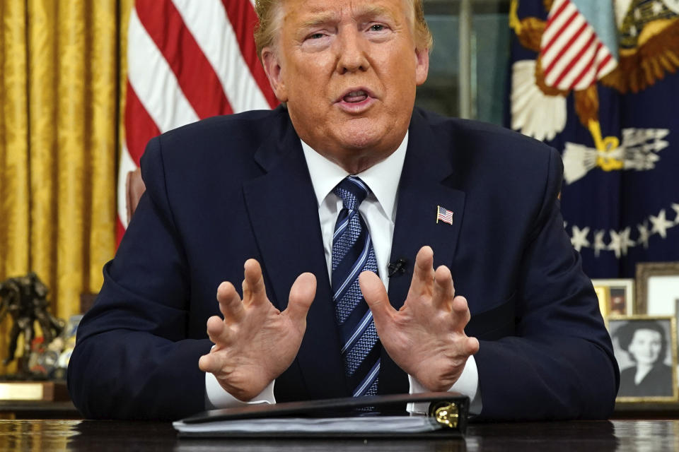 President Donald Trump speaks in an address to the nation from the Oval Office at the White House about the coronavirus Wednesday, March, 11, 2020, in Washington. (Doug Mills/The New York Times via AP, Pool)