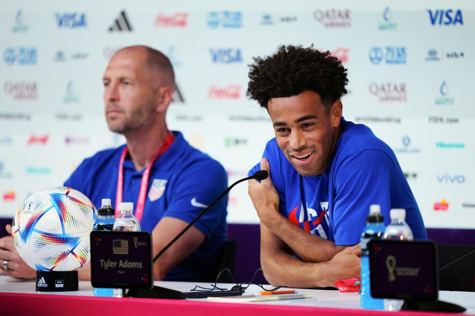 U.S. captain Tyler Adams, a Roy C. Ketcham High School graduate, right, speaks during a press conference with head coach Gregg Berhalter at the Qatar National Convention Center in Doha, Qatar Friday.