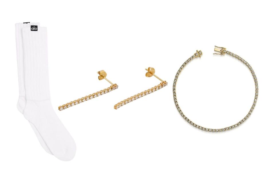 Socks, £25, Hello;  Tennis earrings, £550, Edge of Ember;  Tennis bracelet, £4000, Rachel Boston