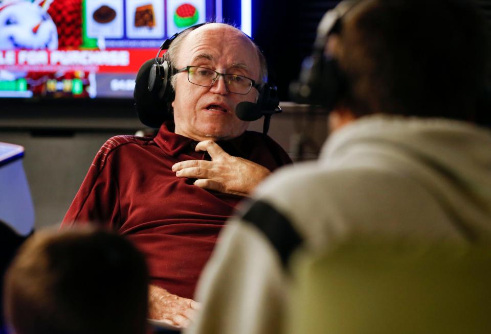 Art Hains, "The Voice of the Bears", interviews Missouri State head football Ryan Beard at BigShots Golf on Wednesday, Sept. 20, 2023. Hains is returning to the broadcast booth Saturday after a year long battle with West Nile virus.