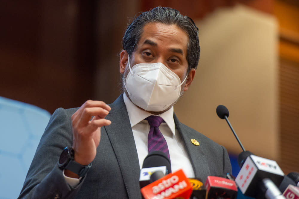 Health Minister Khairy Jamaluddin speaks at a press conference in Putrajaya, September 1, 2021. — Picture by Shafwan Zaidon