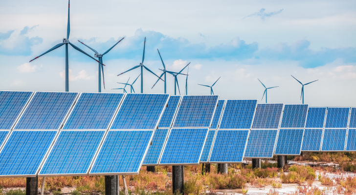 solární a větrná energie v pobřežních slaných a alkalických půdách, vyvíjejí pozadí hejna představující solární zásoby.