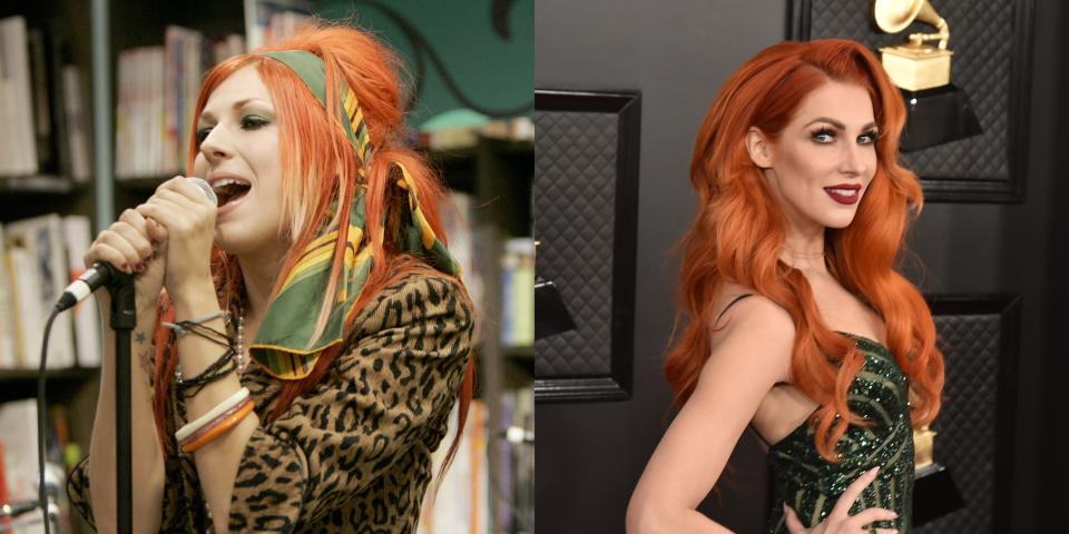 Bonnie McKee in 2004 (left) sings at a Borders bookstore. In 2020 (right), she attended the Grammys as a hit songwriter for artists like Katy Perry and Ke$ha.