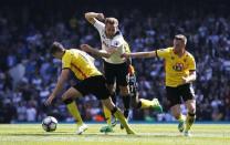 Britain Football Soccer - Tottenham Hotspur v Watford - Premier League - White Hart Lane - 8/4/17 Tottenham's Harry Kane is fouled by Watford's Craig Cathcart Action Images via Reuters / Paul Childs Livepic