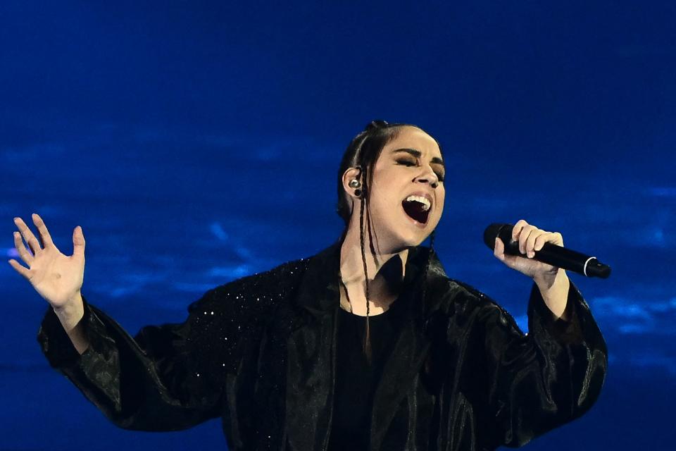 Singer Andrea performs on behalf of North Macedonia during the second semifinal of the Eurovision Song contest 2022 on May 12, 2022 at the Pala Alpitour venue in Turin. (Photo by Marco BERTORELLO / AFP) (Photo by MARCO BERTORELLO/AFP via Getty Images)