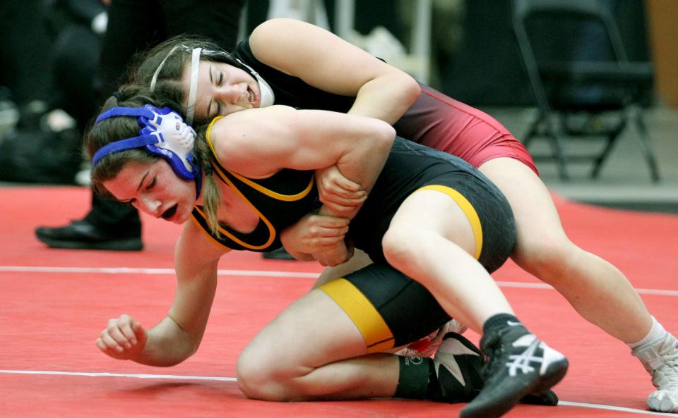 Rossville&#39;s Kendra Hurla wrestles Leon-Bluestem&#39;s Cadence Williamson in the 120-pound weight class of the KSHSAA Class 4-1A girls state wrestling championship semifinal Wednesday in Salina. Hurla defeated Williamson by fall 1:47 and went on to win the state title.