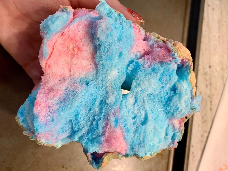 Cloud bread shrinks as it cools, so break it open for a photo while warm.