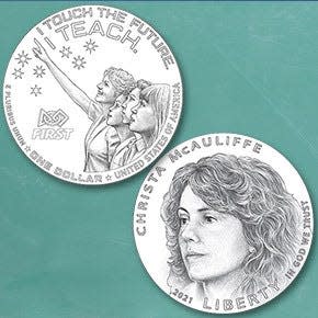 The official design of the Christa McAuliffe silver dollar, which will be released in 2021.