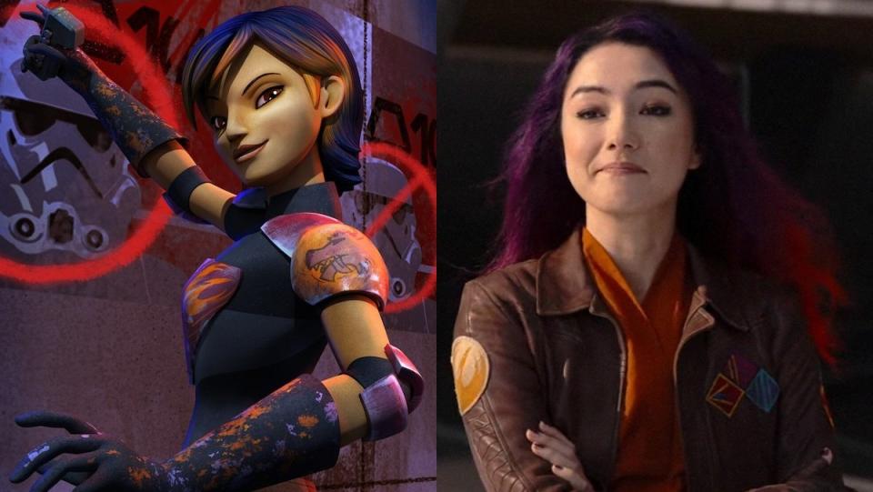 Split image of Sabine Wren, one animated spray painting the other live-action with long hair smirking