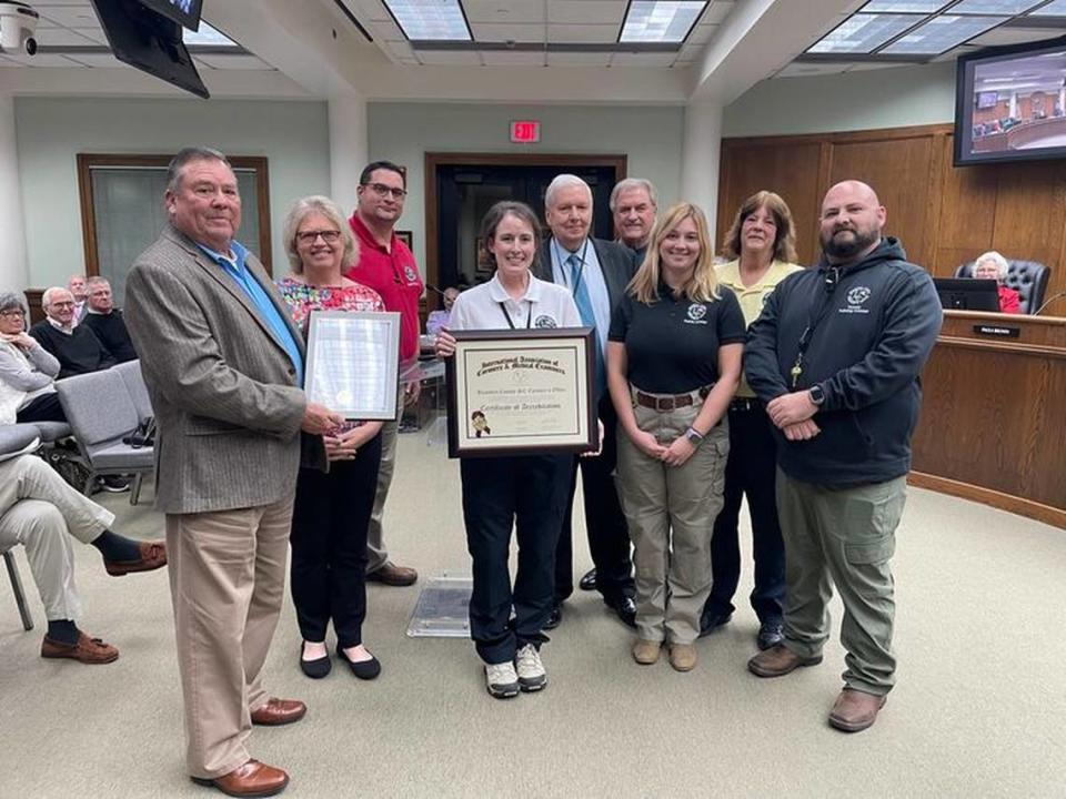 Staff from the Beaufort County Coroner’s Office were recognized at the Dec. 11, 2023 County Council meeting for the agency’s recent accreditation with the International Association of Coroners and Medical Examiners. From left to right: Beaufort County Coroner David W. Ott, Charleston County Coroner Bobbi Jo O’Neal, Deputy Coroner Andy McNese, Forensic Pathologist Dr. Joni Skipper, Accreditation Manager Jefferson Dowling, council vice chair Lawrence McElynn, Deputy Coroner Margaret Bowyer, Chief Deputy Coroner Debbie Youmans, Pathologist Assistant Sheldon Phillips.