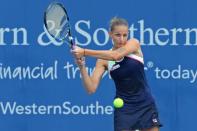 Aug 19, 2017; Mason, OH, USA; Karolina Pliskova (CZE) returns a shot against Garbine Muguruza (ESP) during the Western and Southern Open at the Lindner Family Tennis Center. Mandatory Credit: Aaron Doster-USA TODAY Sports