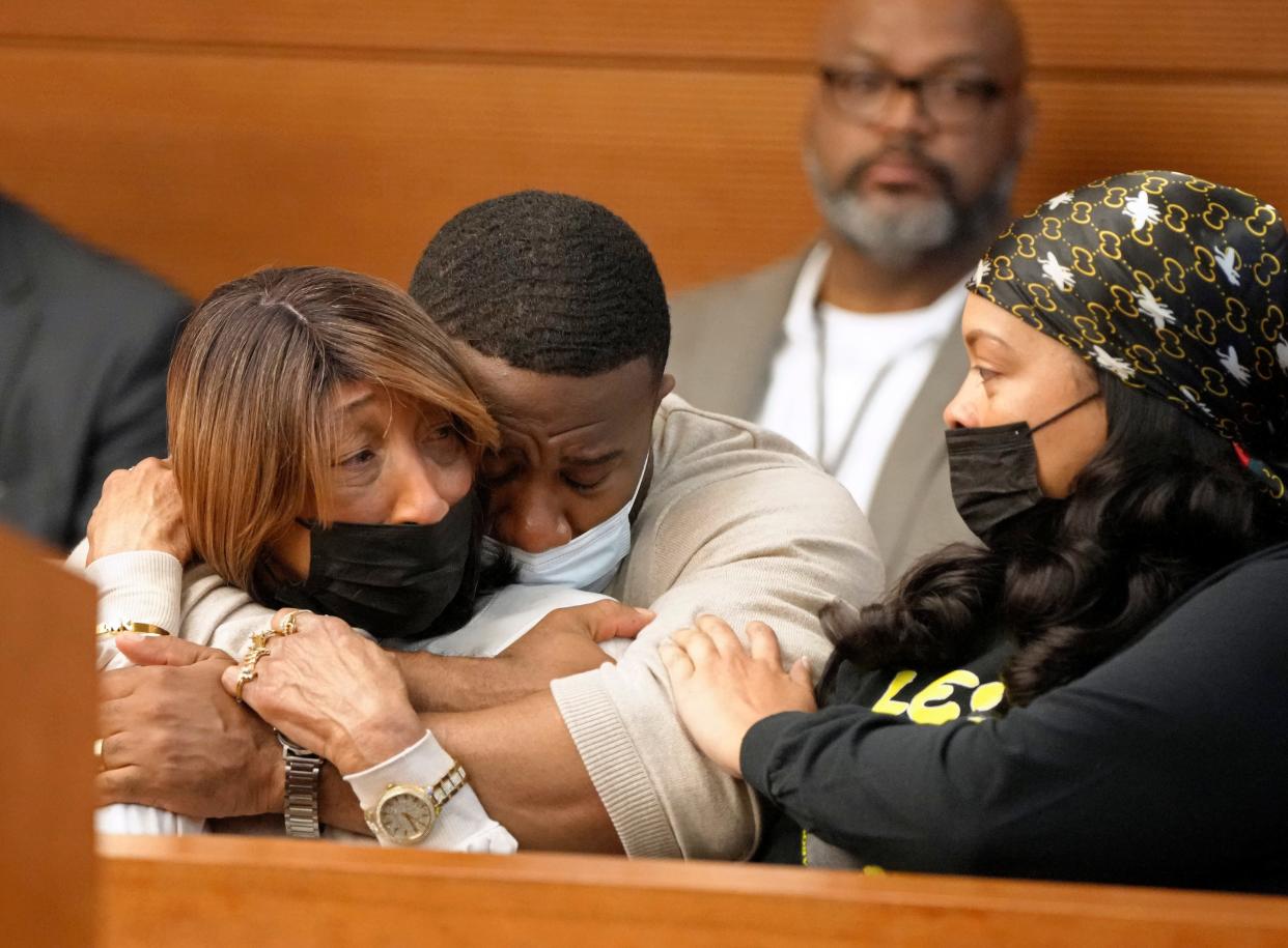 Family members react after Judge Chris Brown found Chrystian Foster guilty of murder Friday in connection with the Sept. 5, 2022 assault of Gregory Coleman, who later died.