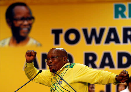 President of South Africa Jacob Zuma gestures as he sings to his supporters at the 54th National Conference of the ruling African National Congress (ANC) at the Nasrec Expo Centre in Johannesburg, South Africa December 16, 2017. REUTERS/Siphiwe Sibeko