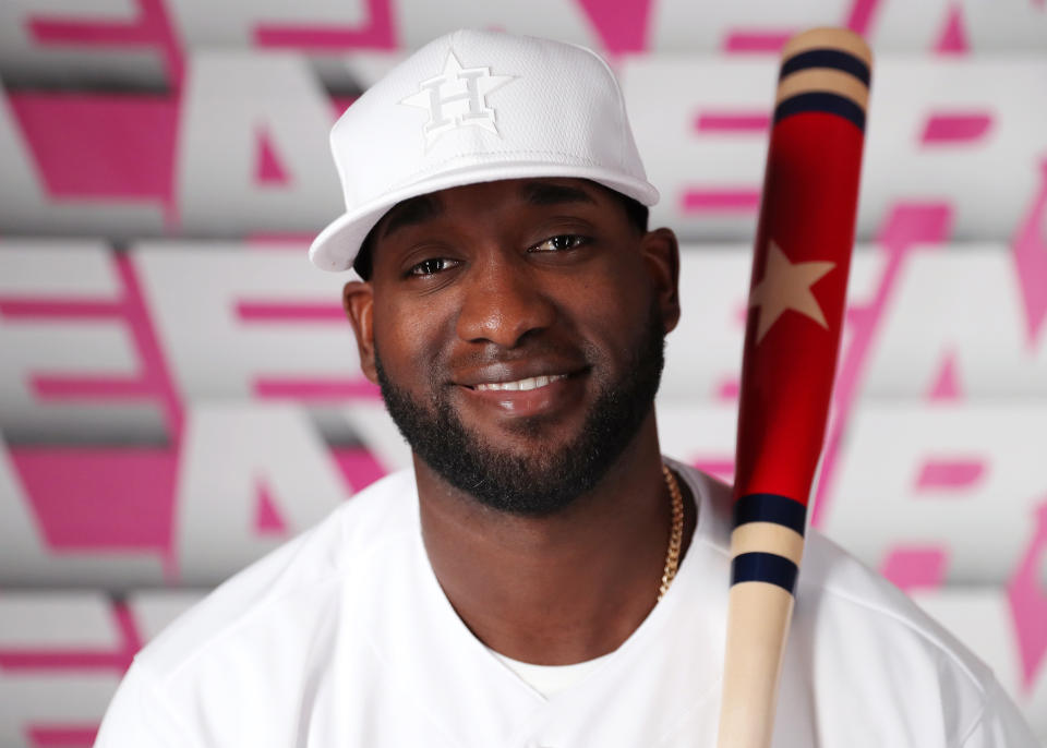 HOUSTON, TX - AUGUST 23: Yordan Alvarez #44 of the Houston Astros poses for a portrait on Players Weekend before the game between the Los Angeles Angels and the Houston Astros at Minute Maid Park on Friday, August 23, 2019 in Houston, Texas. (Photo by Alex Bierens de Haan/MLB Photos via Getty Images)