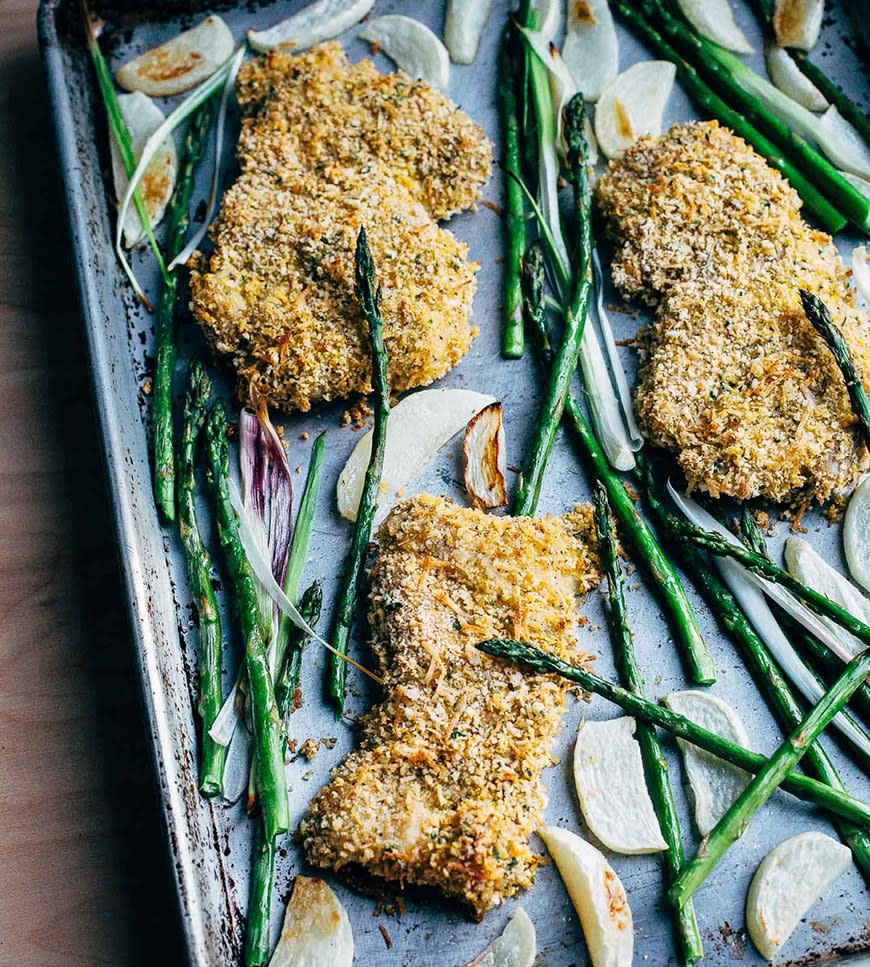 Parmesan Chicken with Turnips and Asparagus from Brooklyn Supper