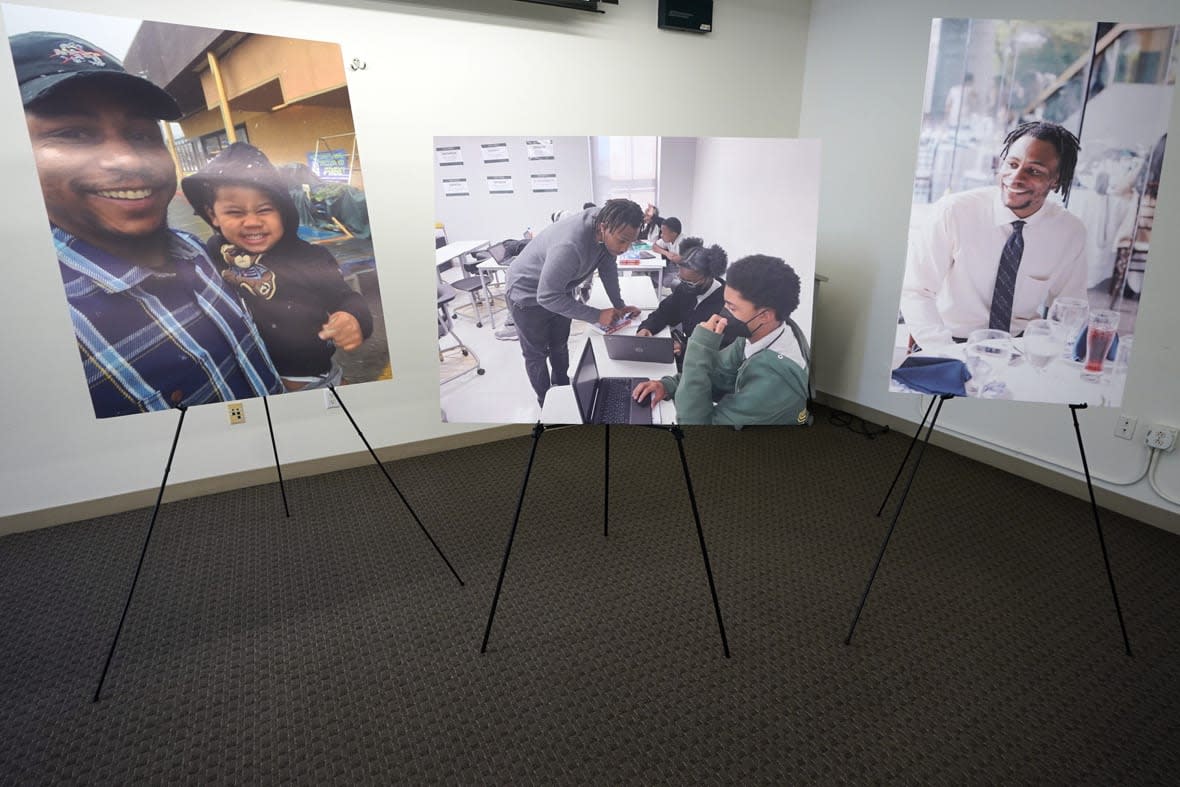 FILE – Pictures of Keenan Anderson, who was tasered multiple times during a struggle with Los Angeles police officers and died at a hospital, are displayed at news conference held by his family’s attorney Jan. 20, 2023, in Los Angeles. Anderson, a teacher, died from an enlarged heart and cocaine use, according to an autopsy report released Friday, June 2. Anderson’s death prompted an outcry over the Los Angeles Police Department’s use of force. It was one of three fatal LAPD confrontations, including two shootings, that took place only days into the new year. (AP Photo/Damian Dovarganes, File)