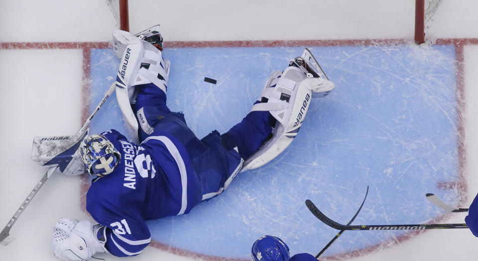 Frederik Andersen had an eventful Game 3 for the Maple Leafs. (Rick Madonik/Toronto Star via Getty Images)