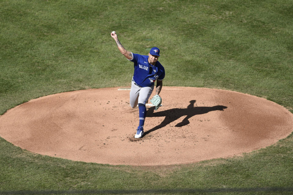 Toronto Blue Jays starting pitcher Taijuan Walker throws during the first inning of a baseball game against the Philadelphia Phillies, Sunday, Sept. 20, 2020, in Philadelphia. (AP Photo/Michael Perez)