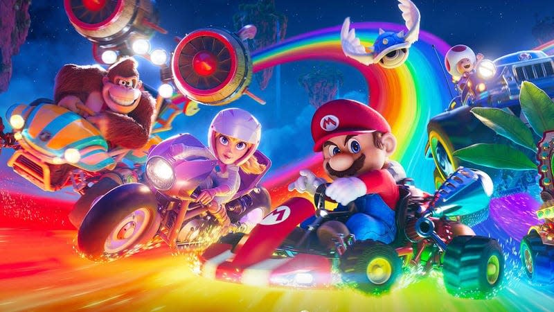 Mario rides a kart in the upcoming Nintendo movie, The Super Mario Bros. movie. 