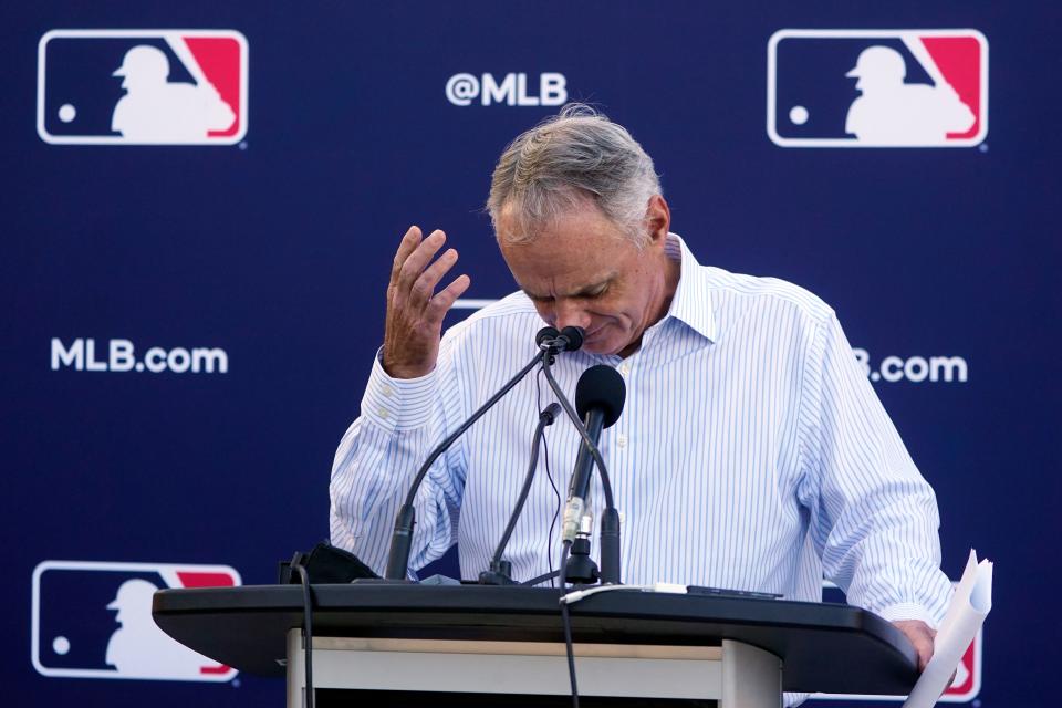 Rob Manfred during a press conference announcing the cancellation of regular season games.