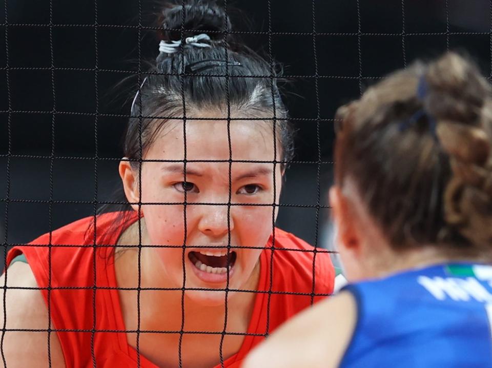 Zhang Changning of China reacts during volleyball at the Tokyo Olympics